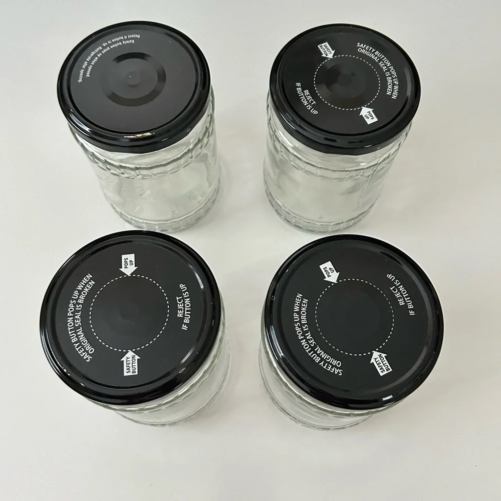 Lot of 4 Glass Jars + Black Metal Lid for Canning Crafts Storage Gifts